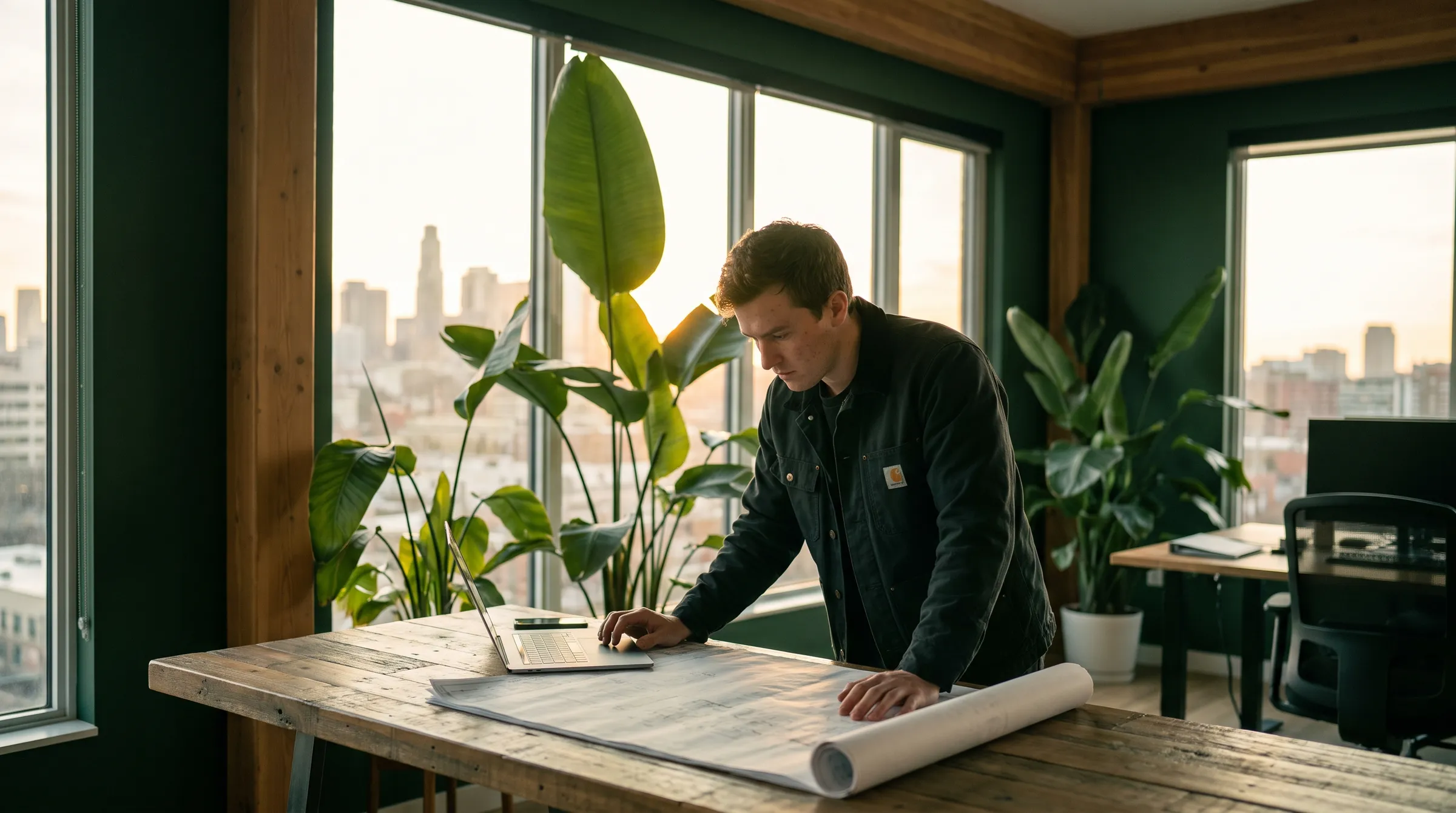 An engineer reading design notes at a warm desk overlooking greenery