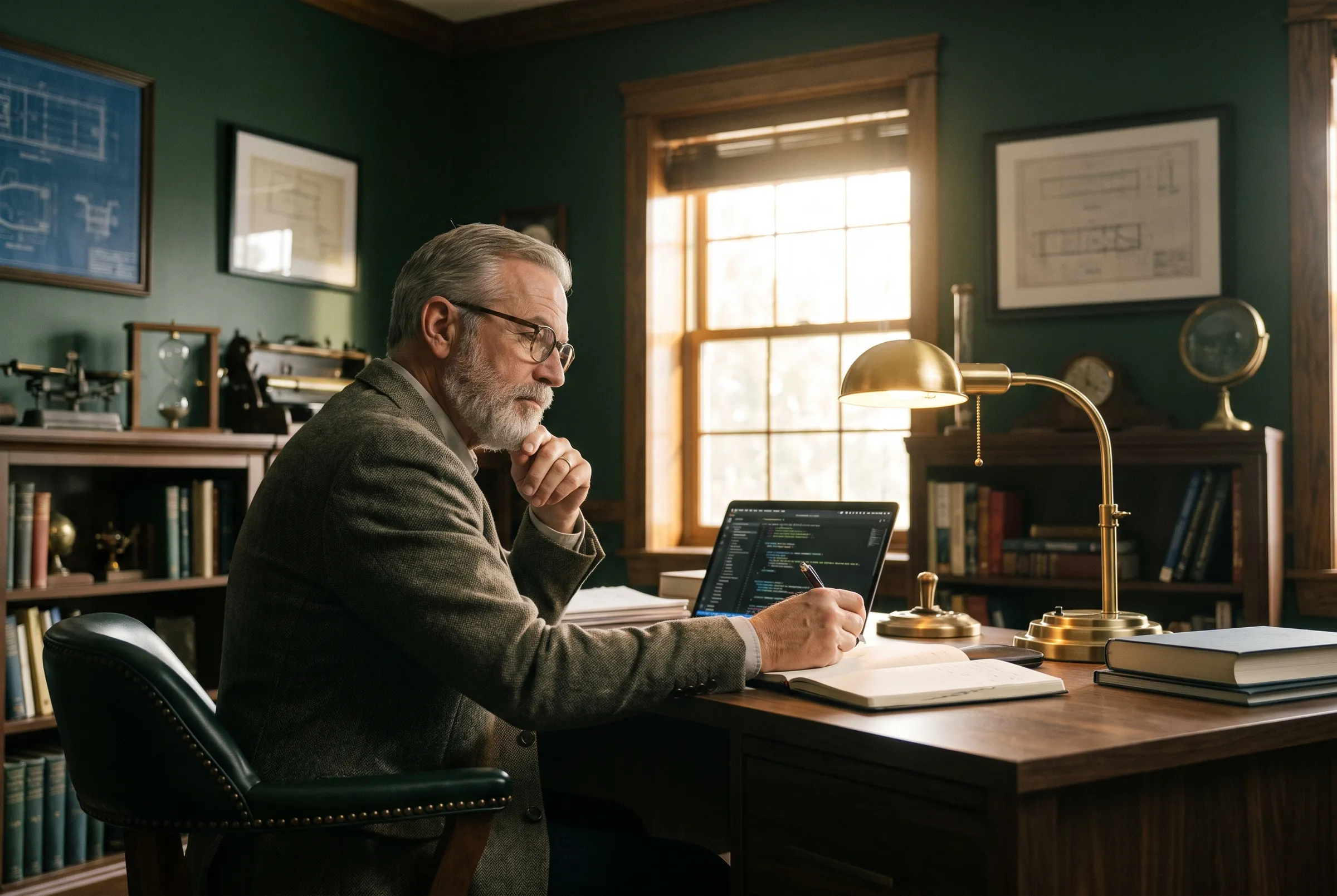 A senior software architect working thoughtfully at a premium desk in a deep-green studio office